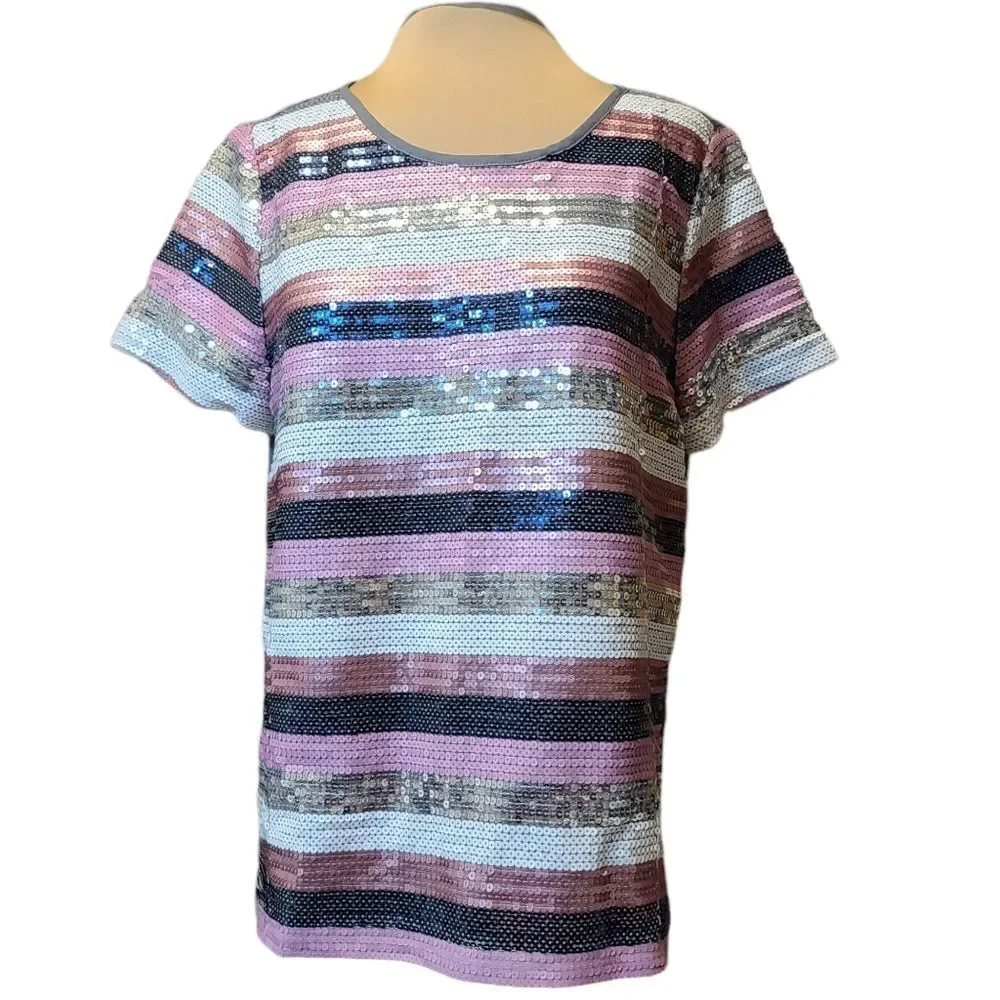 New York & Company Striped Sequined Top, pink, white, blue, silver, grey, NWT Me